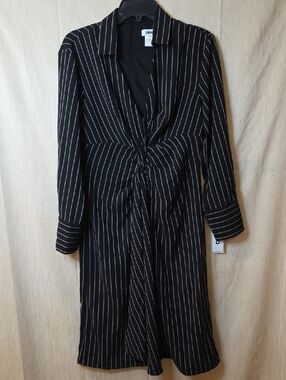 chinese dress ladies DKNY Long Sleeve Tie Neck Pleated Shift Dress,Black, 2 at Amazon Women's  Clothing store